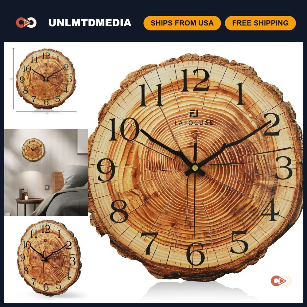 Rustic 12" Brown Wooden Wall Clock for Kitchen & Living Room Decor, Vintage Styl